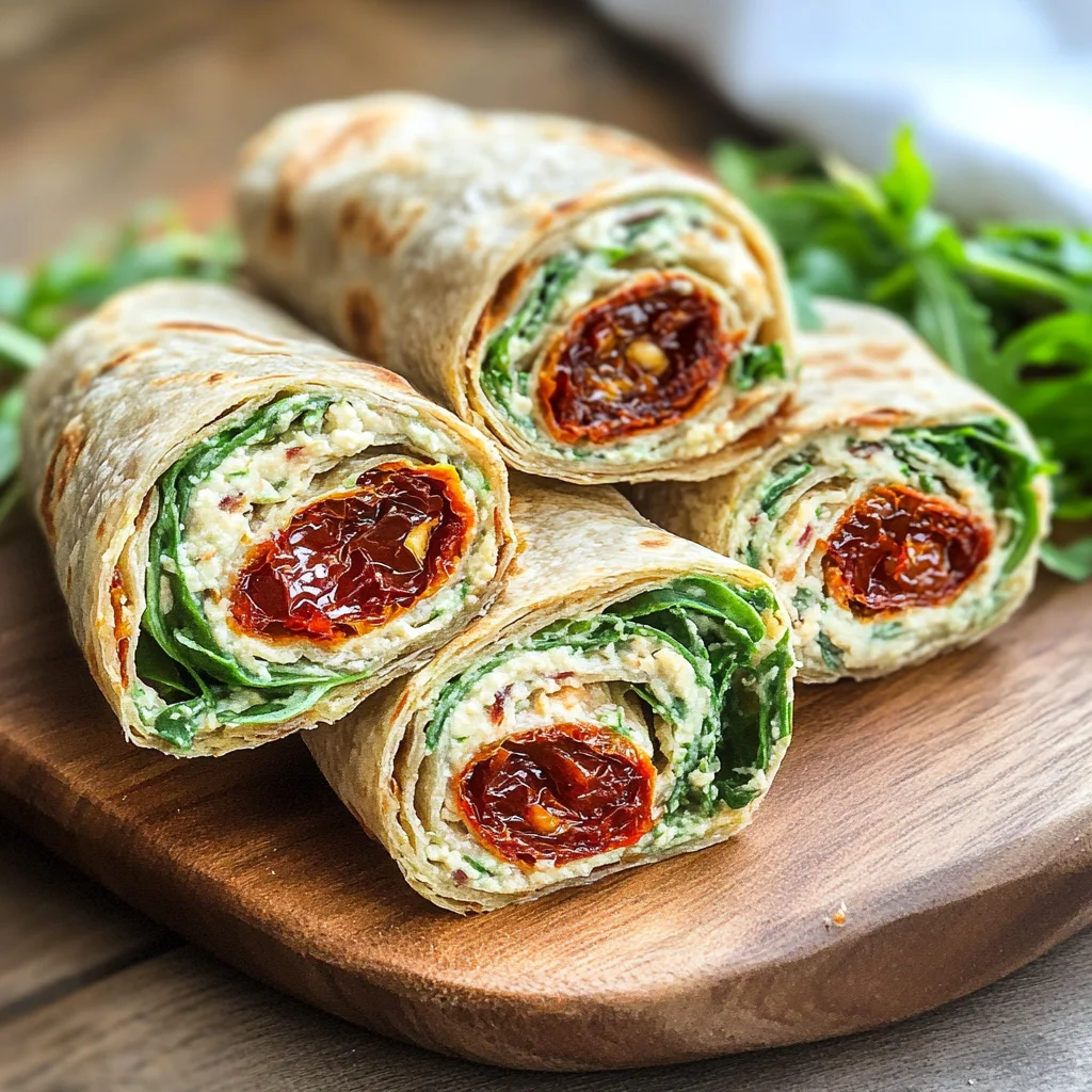 Vegetarische Wrap-Röllchen mit Rucola und Tomaten