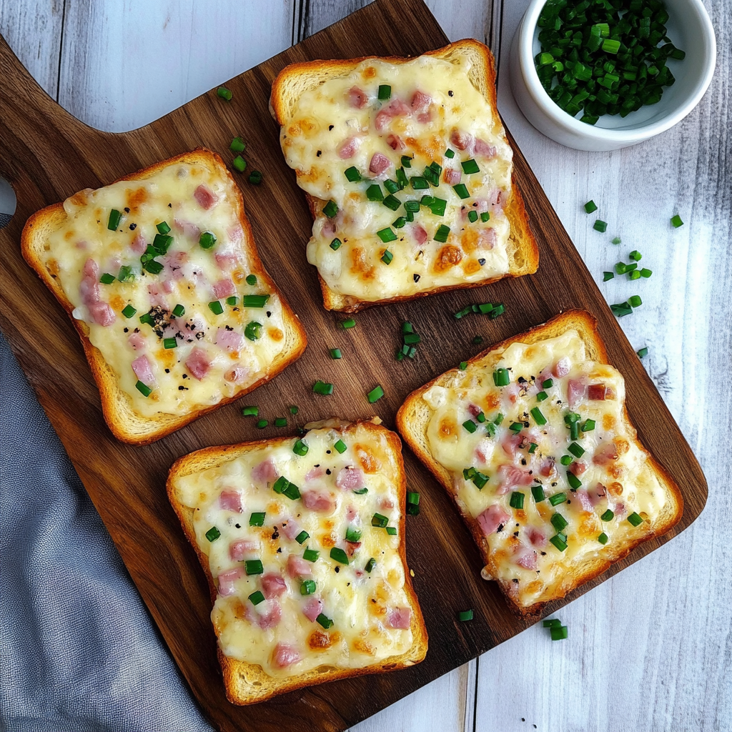 Verführerischer Flammkuchen Toast mit Speck und Zwiebeln