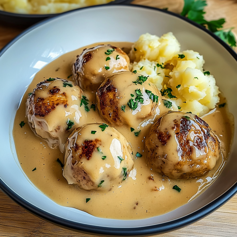 Köstliche Hackbällchen in cremiger Sauce mit Kartoffelpüree