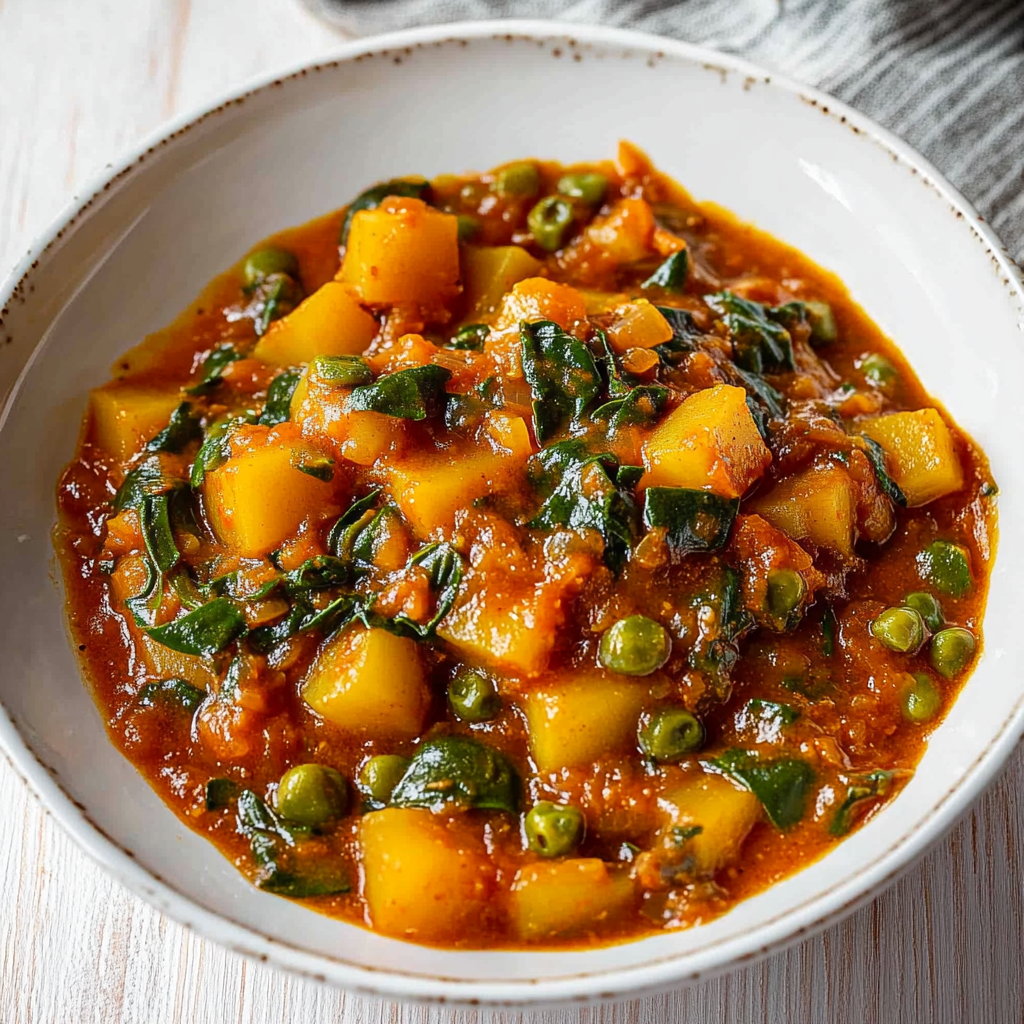 Verführerisches Veganes Kartoffelcurry mit Spinat & Erbsen