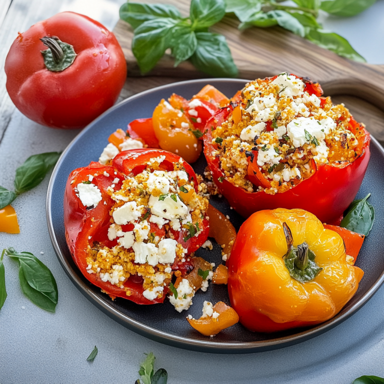 Köstliche vegetarisch gefüllte Paprika mit Reis und Feta