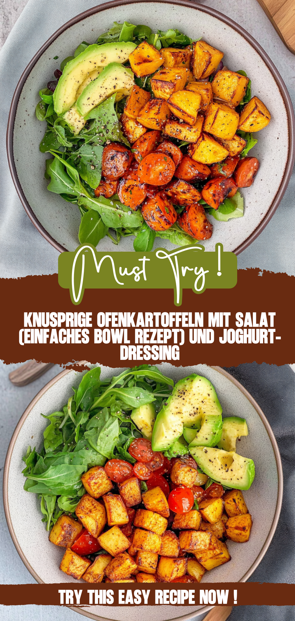 Knusprige Ofenkartoffeln mit Salat (einfaches Bowl Rezept)