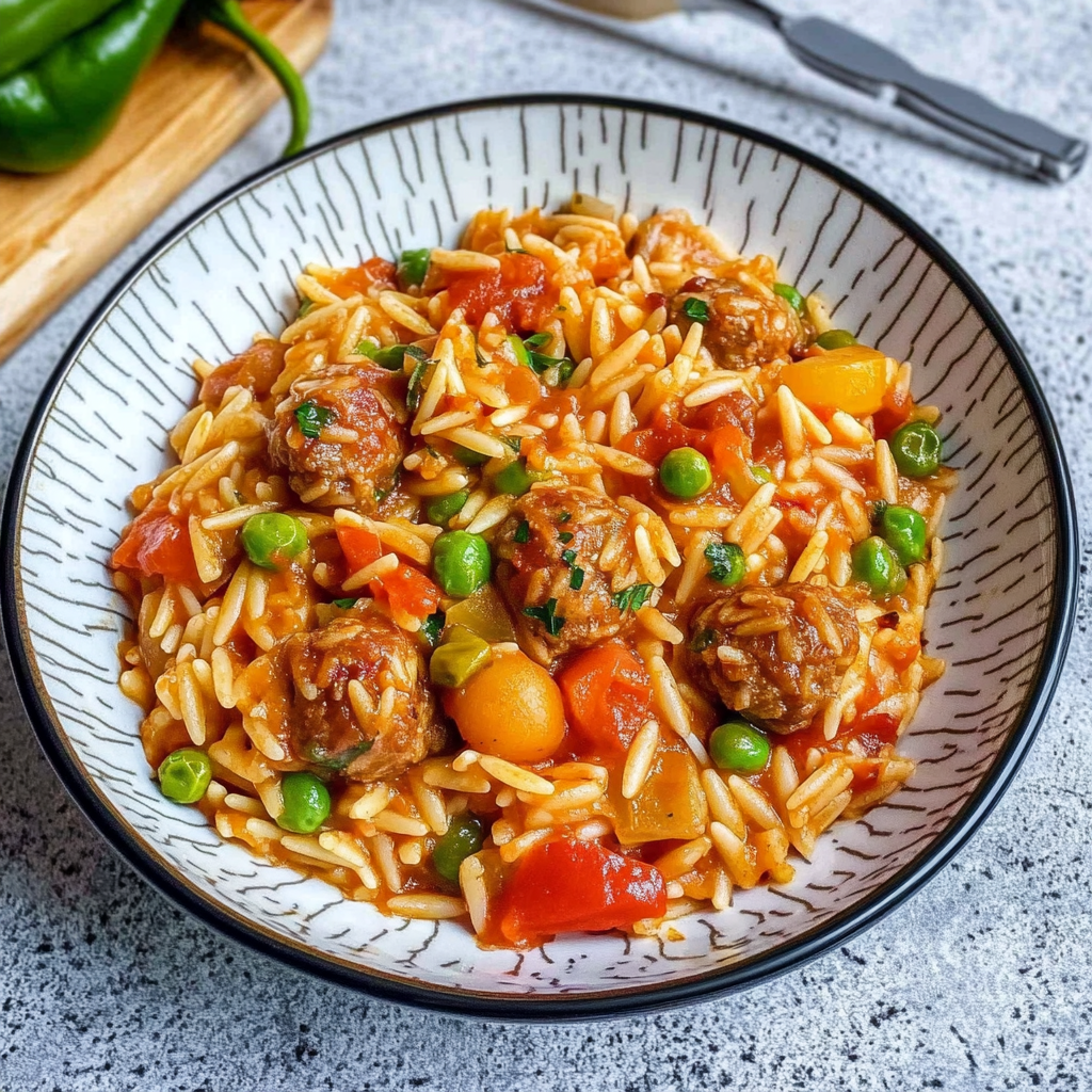 Köstliche Orzo-Pfanne mit Hackbällchen und Gemüse